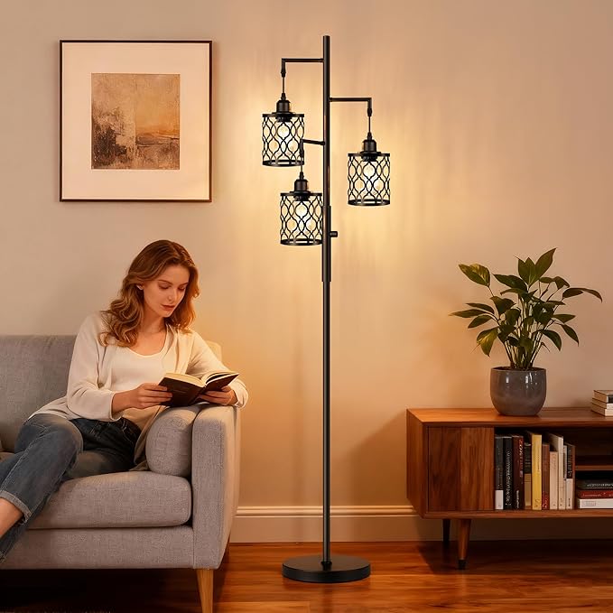 ROTTOGOON Dimmable Farmhouse Floor Lamp, Industrial Floor Lamp for Living Room with 3 X 6W LED Bulbs, 3 Light Rustic Standing Tall Lamp for Bedroom, Office, 68"