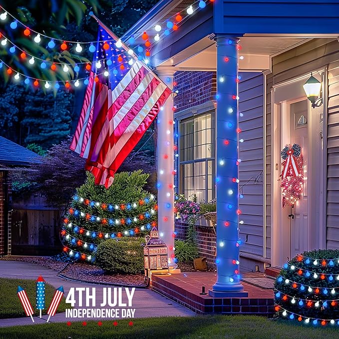 JMEXSUSS Red White and Blue Lights Battery Operated, 33ft 4th of July Lights Outdoor Waterproof, 100 LED String Light for Independence Day Memorial Patriotic Day Decor
