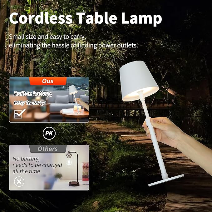 Mr.White Outdoor Waterproof Rechargeable Cordless Table Lamp with Telescopic Pole & Wicker Shade, 5200mAh Battery Operated Table Light with Touch Control, for Patio Restaurant Kitchen (White)