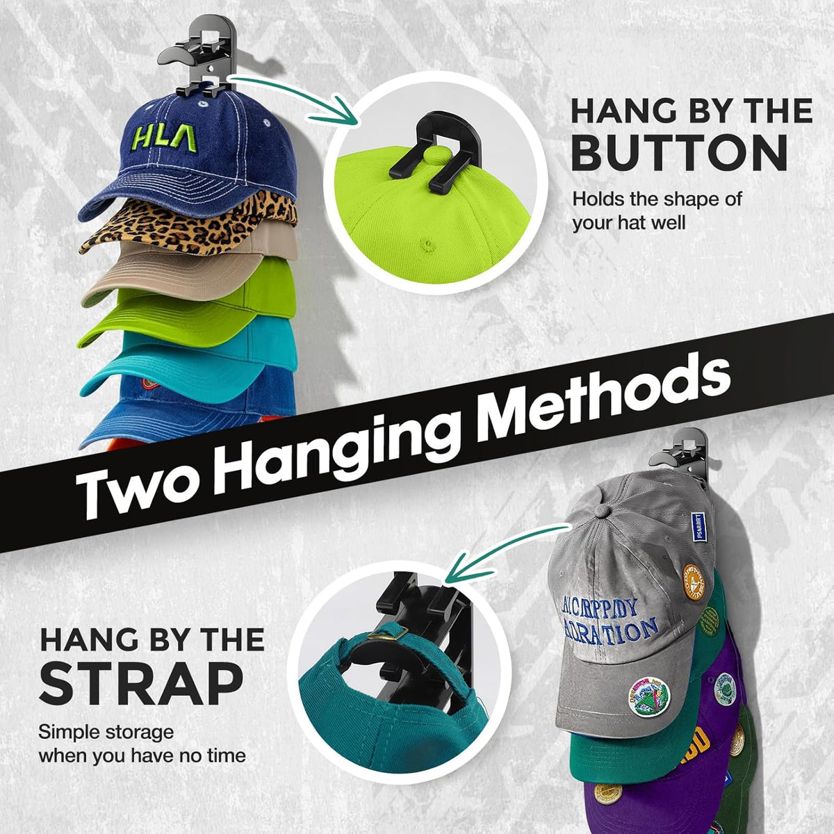 Skiennix Hat Hook Organizer - Holds Up to 20 Hats | Strong Adhesive & Screws Included - Black, 2 Pack