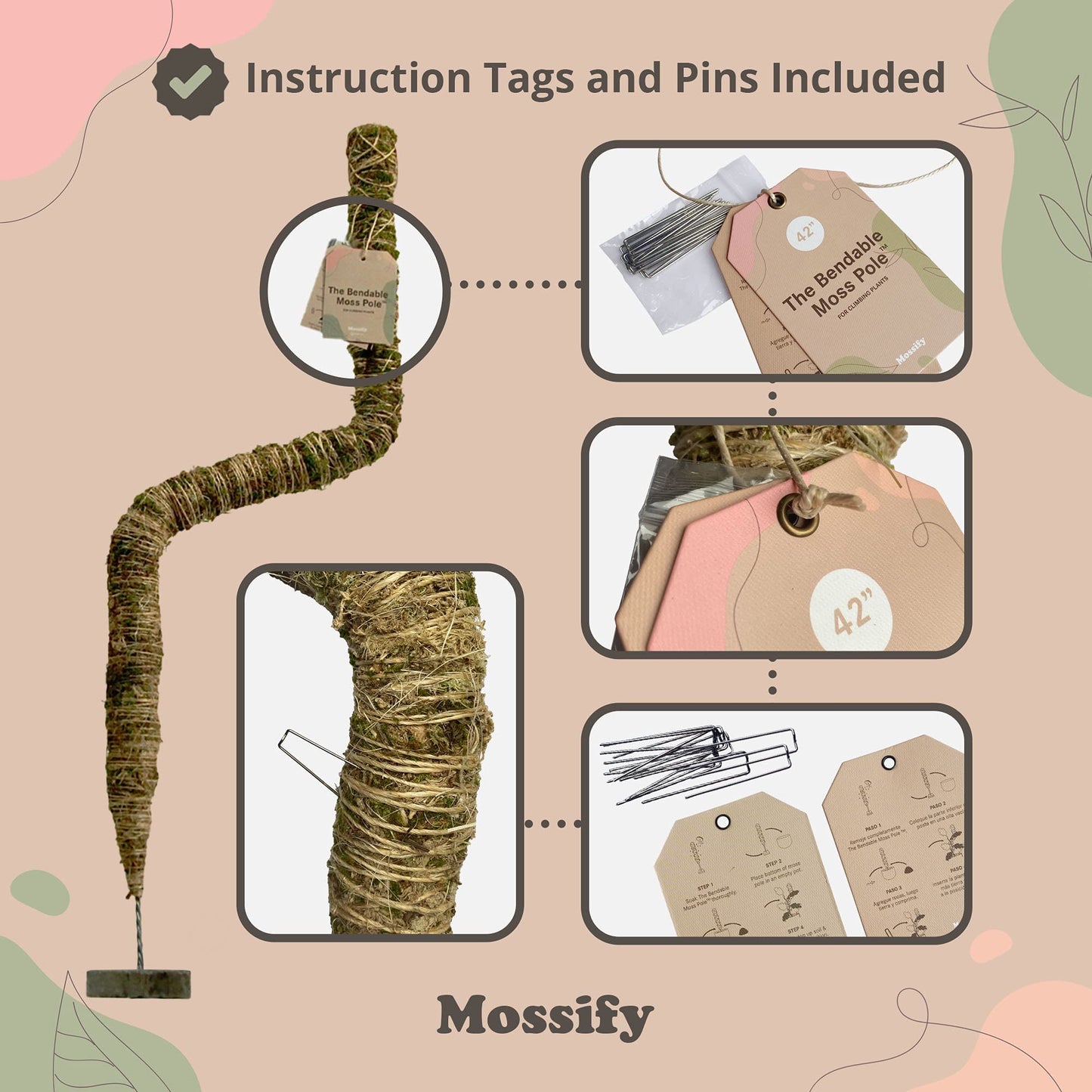Mossify Bendable Moss Pole 42'' Monstera Plant Support for Climbing Indoor Plants - 100% Sustainably Farmed Moss Pole for Plants Indoor Growth - Flexible Handmade Sphagnum Plant Poles Support