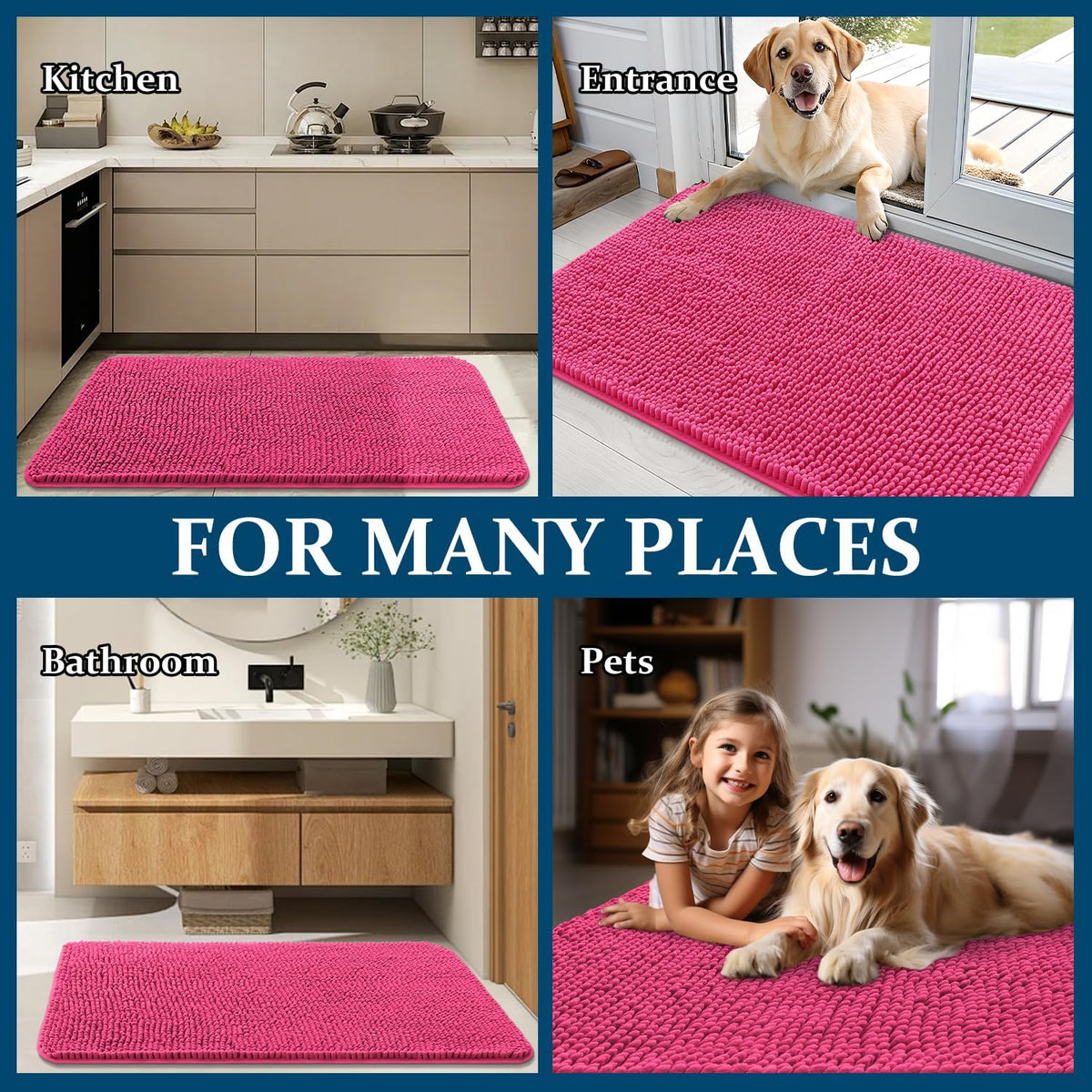 OLANLY Dog Door Mat - Absorbent Non-Slip Chenille Mat for Muddy Paws | 30x20, Quick Dry, Hot Pink