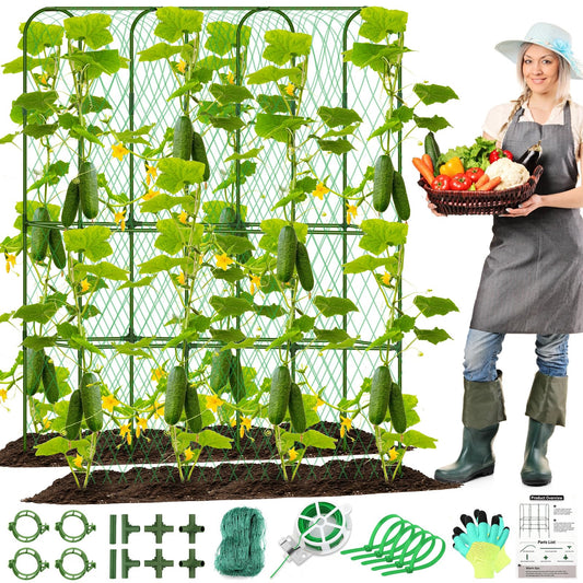 Cucumber Trellis for Raised Bed, Tall Metal Garden Trellis for Climbing Plants Outdoor with Netting, Gloves, Garden Tools, Trellis for Vegetables Plant Support Peas Fruit Flower Grape