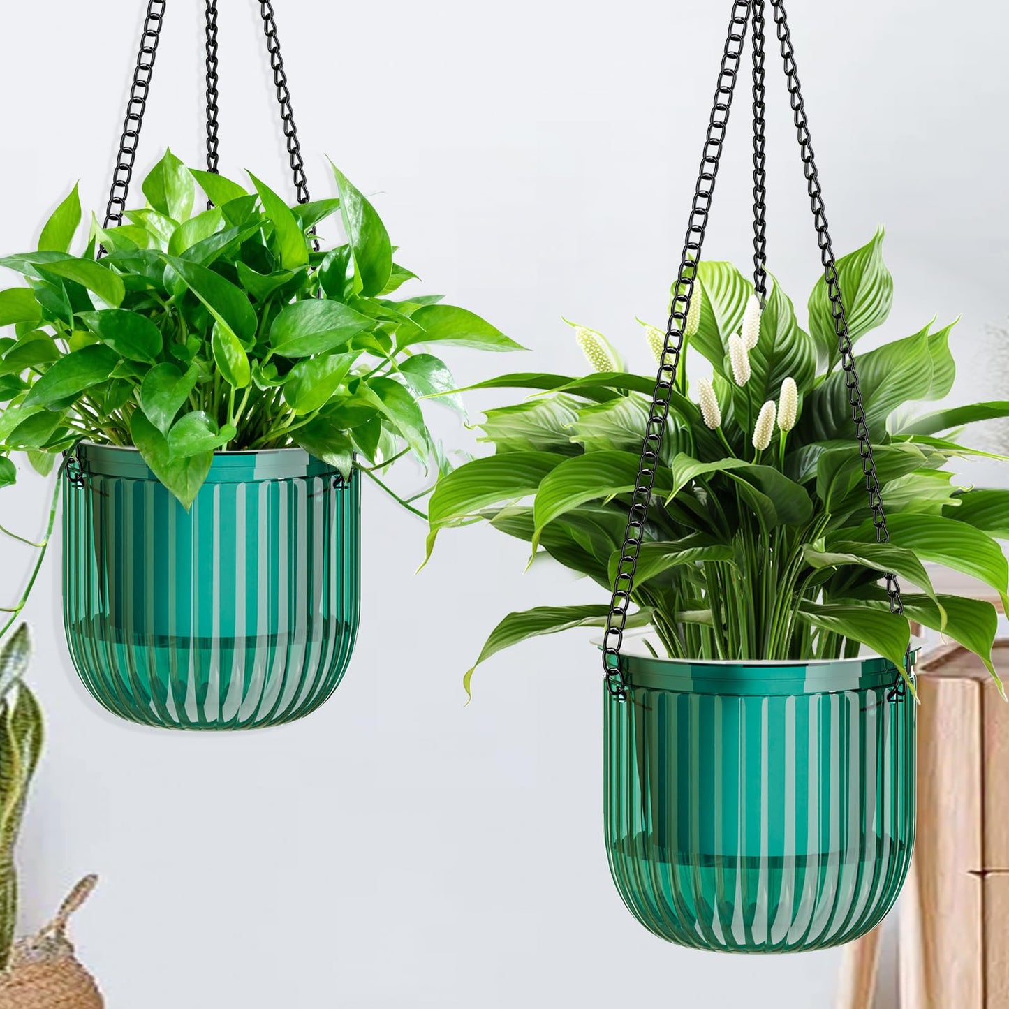 Halatool 8.3 Inch Hanging Pots for Plants Indoor- 2 Pack Self-Watering Hanging Planters Flower Pots, Plant Hanger with Hooks Drainage Holes for Garden Home (Green)