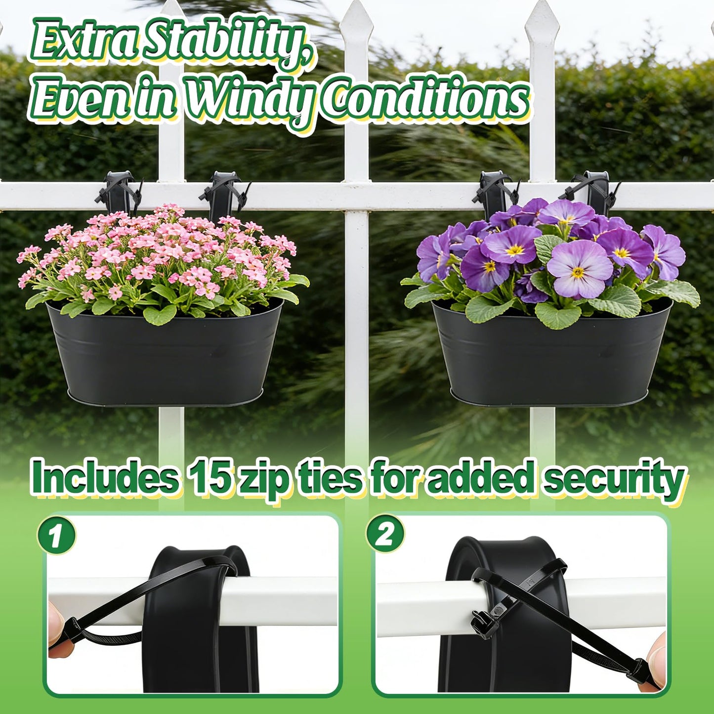 MADHOLLY Railing Planter with Drainage Holes - Sturdy Bucket Pots for Railing Fence, Countryside Style Metal Flower Pots for Herbs Balcony Garden Yard Decor, 2Pcs, Black