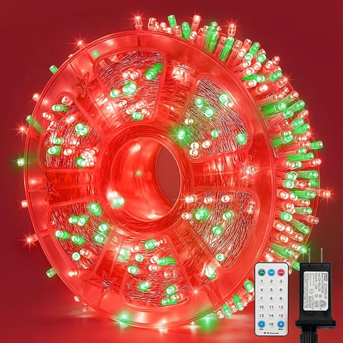 LAMPHOME Red and Green Christmas String Lights, 500 LED 99 FT Connectable Waterproof String Lights Green Wire with16 Modes, Xmas Vintage Decorations for Indoor Outdoor Party Yard Garden Decor