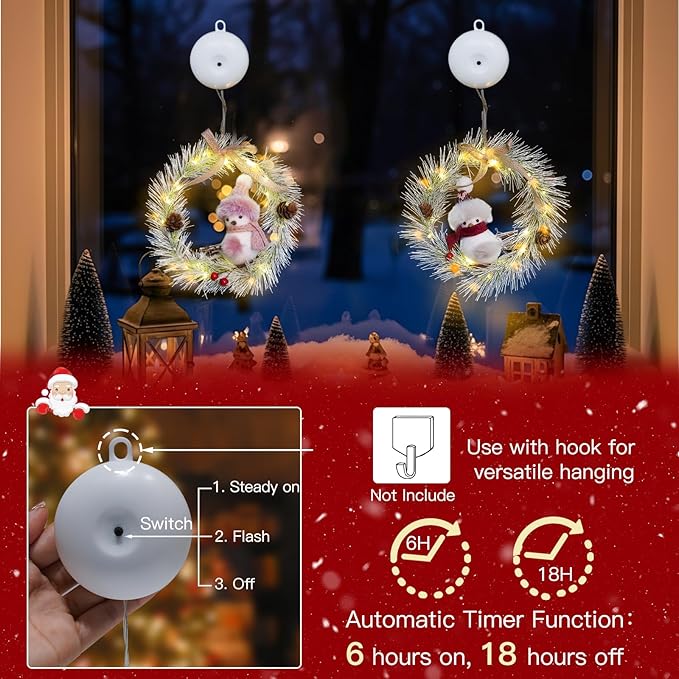 suddus 2 Pack Christmas Window Lights with Suction Cup- Battery Operated Wreath String Lights Indoor with Timer, Christmas Decorations for Home, Window, Door, Wall,Staircase,Gift,Tree Indoor