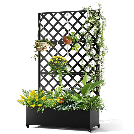 EcoSummer Metal Planter Box, with Diamond Lattice Trellis, 72"x35", Galvanized Raised Garden Bed on Wheels for Climbing Plants, Black