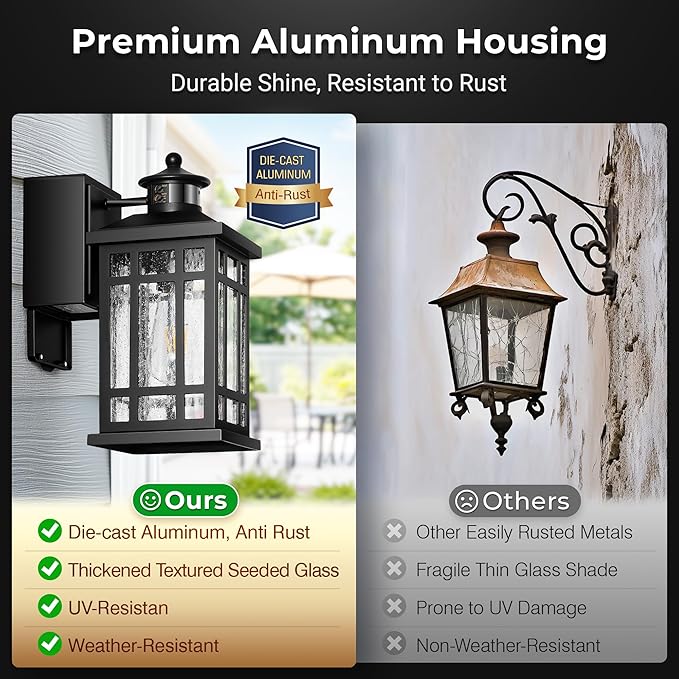 Porch Light with GFCI Outlet, Black Motion Sensor Outdoor Lights 2-Pack, Outside Wall Lights for House, Garage, Doorway, Garden, Aluminum Waterproof and Anti-Rust, Distance and Time Adjustable