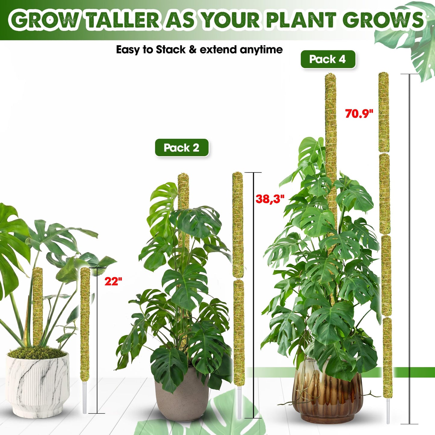 DUSPRO Natural Stackable Moss Pole for Plants Monstera Potted Plant Stakes for Indoor Plants Extendable Plant Pole Moss Sticks for Plants Climbing Vine Supporting Monstera Trellis 10Pcs 22''