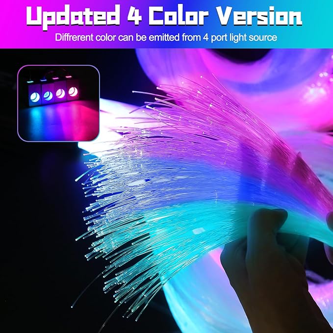 Split 4 Colors 12W Car Starlight Headliner Kit 600pcs*0.02in*9.8ft with APP&RF Remote,RGBW Fiber Optic Strands Star Roof Lights,4 Port Engine Sound Activated Star Ceiling Lights for Car/Home Decor