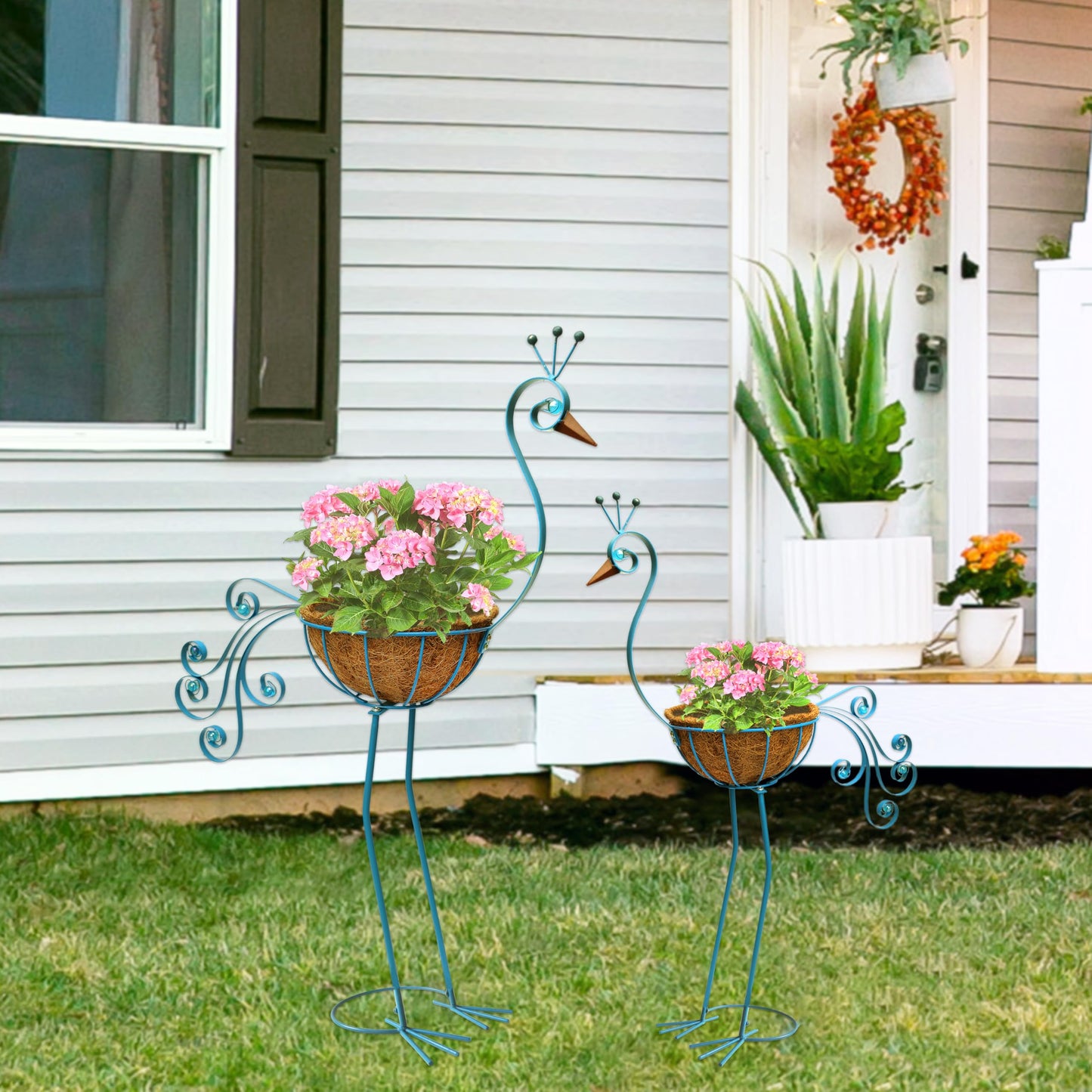 COOZZYHOUR Metal Peacock Planter with Fiber Basket -Garden Bird Planters for Outdoor Indoor Lawn,Yard,Porch,Patio, Garden Decorations（Set of 2）