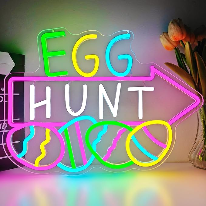 Easter Neon Sign for Wall Decor Easter Egg Hunt Led Sign Easter Decorations Dimmable Eggs Neon Light Up Signs for Egg Hunt Game Backdrop Window Party Gifts Bedroom Holiday Spring Bar Home