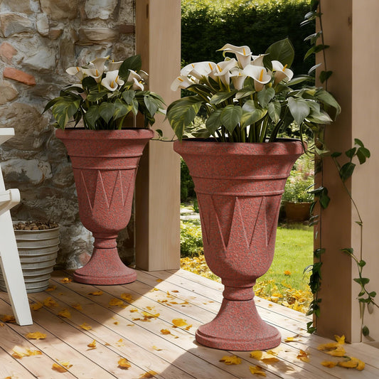 Diyfire Tall Urn Planters for Outdoor Plants Set of 2-23.6" H Vintage Trophy Outdoor Planters for Porch Decor with Drainage Hole, Indoor Large Flower Pots, Pedestal Planter/Garden Vase, Brick Red