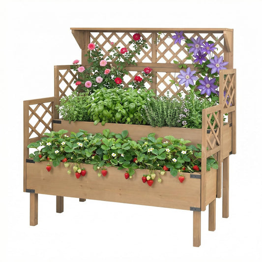 Raised Garden Bed with Trellis & Top Shelf, Outdoor Elevated Planter Box with 2 Planting Areas, Liner & Metal Corners for Climbing Plants, Vegetables, Herbs