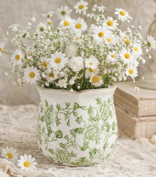 DREAMLOOM Vintage Ceramic Planter for Indoor Plants,6.1" Ice Crack Cottage Scroll Vase Tuscan Decor Flower Pots with Drainage Holes Home Kitchen Farmhouse Antique Decorative Gift (Green-Corrugated)