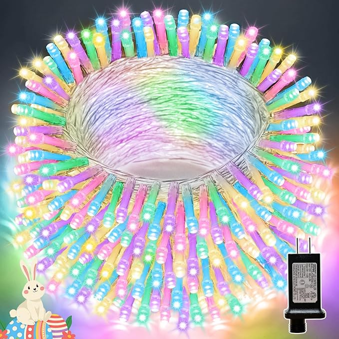 LAMPHOME 33Ft 100 LED Easter Lights Outdoor Indoor for Decorations,16modes Connectable Colorful Pastel Easter Lights String Clear Wire Plug in for Bedroom Tree Room Party Spring Decor