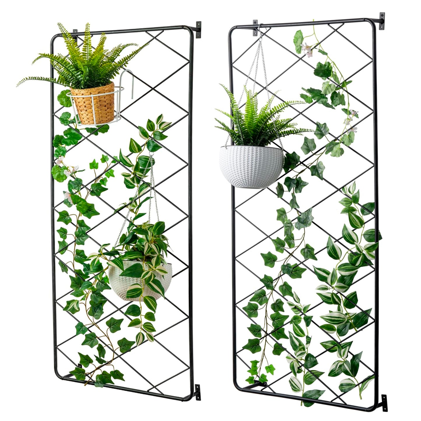 MyGift 50"x24" Wall Mounted Garden Trellis, Black Metal Lattice Panels for Outside, Hanging Lattice Support Frame for Outdoor or Indoor Climbing Plants, Set of 2 Panels