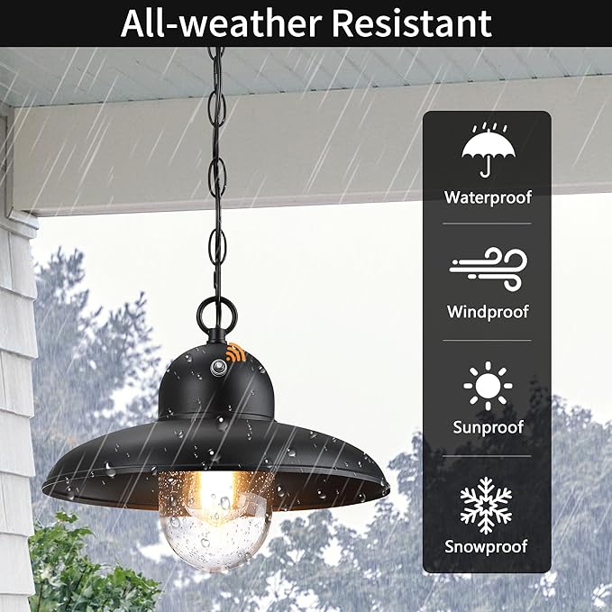 Dusk to Dawn Outdoor Pendant Lights for Porch 12", Outdoor Farmhouse Hanging Light Fixture with Adjustable Chain and Bubble Glass, Black Rustic Exterior Pendant Light for Front Door, Gazebo