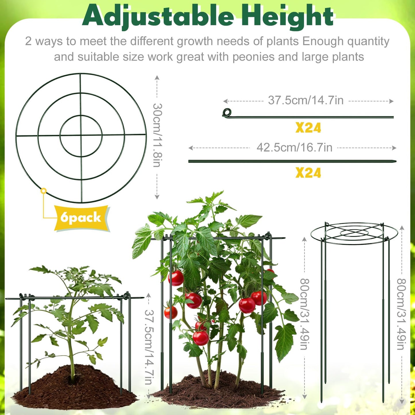 Geelin 6 Pcs Large Adjustable Peony Cages and Supports, 32 x 12 Inch / 17 x 12 Inch Metal Peony Support Cage, Large Plant Frame Rings for Garden Plants Flowers Tomato Vegetables, Height Adjustable
