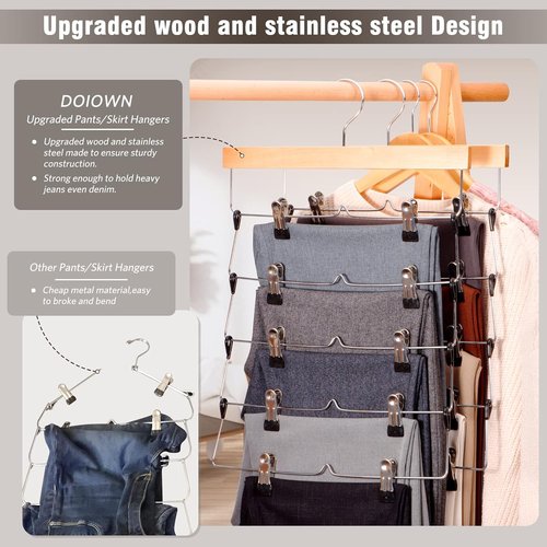 DOIOWN Skirt Hangers - Space-Saving Beechwood Design | 3-Pack Non-Slip Clips for Women’s Skirts