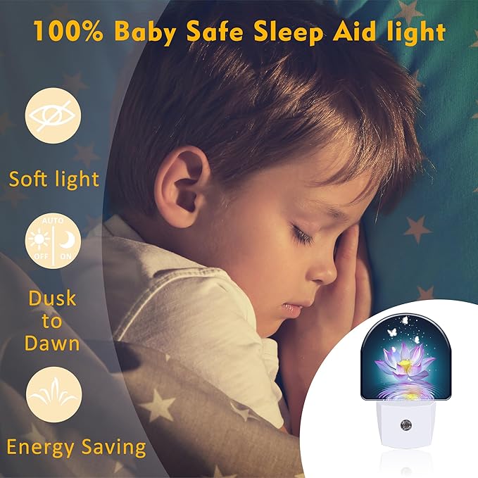 Lotus and Glowing Butterflies Night Light Plug into Wall, Pink Lotus Flowers Dusk to Dawn Night Light Plug in,0.5w Energy Saving Sleep Friendly NightLight for Kids Boys Girls Home Decor