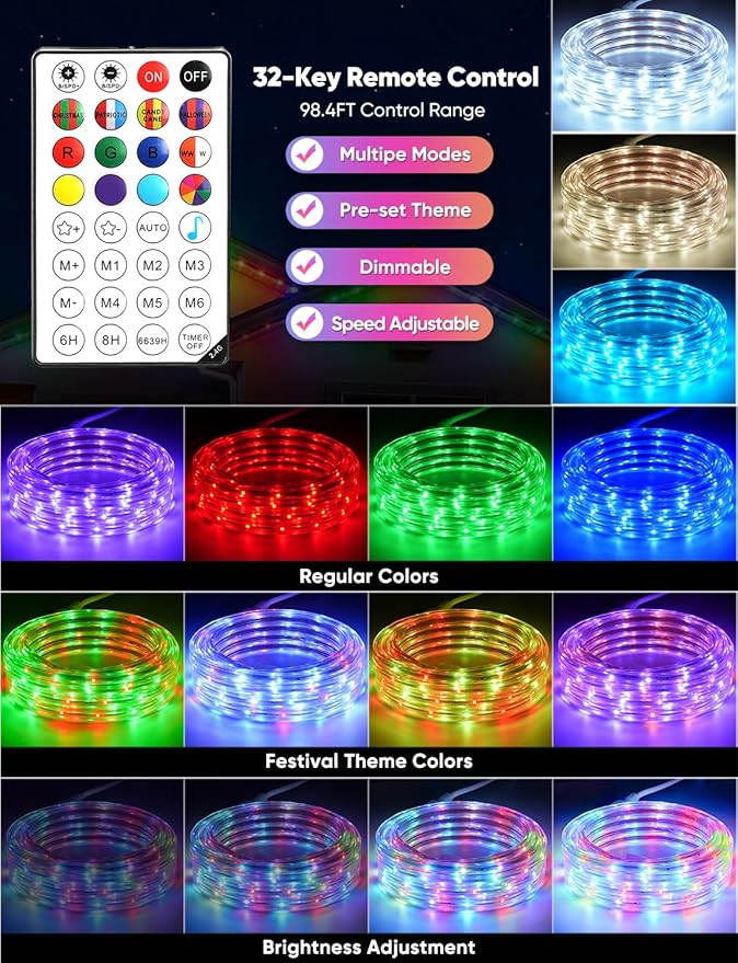 98FT Outdoor LED Strip Lights RGB+IC with Warm&Cool White, ETL Listed Music Sync Light Strip AC 120V, IP65 Waterproof and Connectable, for Party Festival Eave Porch Patio Every Day Decor
