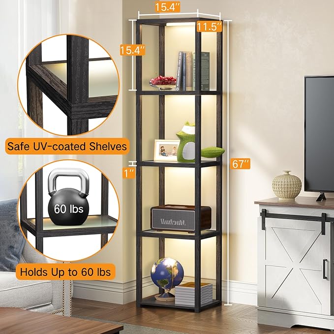 OUTON 67" Glass Display Shelf with Dimmable LED Floor Lamp, Collectibles Display Cabinet with Remote & App Control, 5 Tier Open Bookshelf Lamp for Living Room, Bedroom, Office, Home Decor, Black