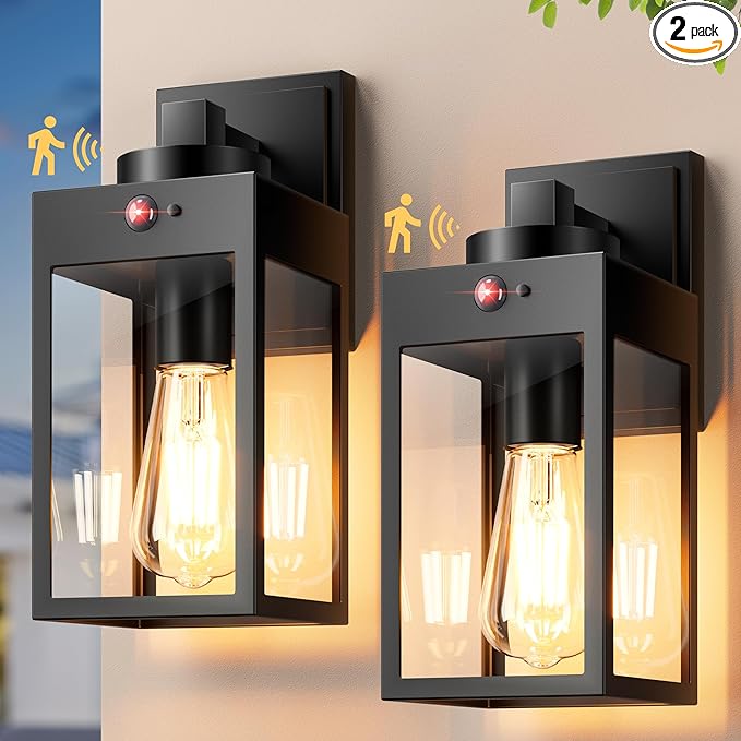 Gleamz 2-Pack Motion Sensor Exterior Light Fixtures Wall Mount for House, H 11'' Black Outdoor Sconce Light Lantern for Garage Coach Entryway, Modern Waterproof Porch Lights Outdoor Dusk to Dawn