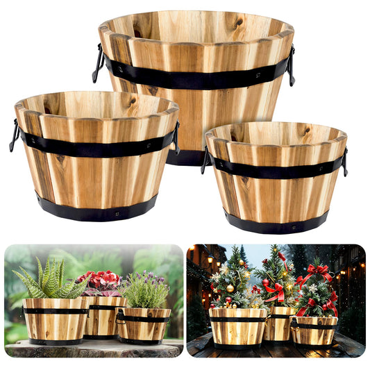 Idzo Set of 3 Wooden Flower Boxes Outdoor, Durable Acacia Wood Barrel Planters for Outdoor Plants with Ergonomic Handles, Drainage Holes, Multiple Sizes Wood Bucket Planter for Home Decor