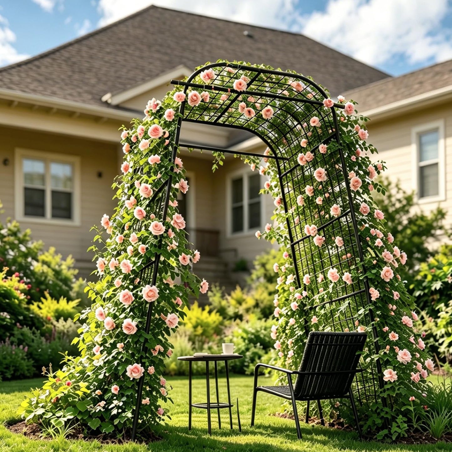 Garden Arch Trellis 83" H x 49" L x 31.5" W Heavy-Duty Plant Support with Nylon Netting & 100 Leaf Ties – Reusable Climbing Trellis for Tomatoes, Cucumbers, Beans & Flowers
