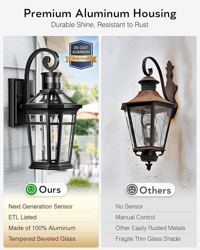 2 Packs Outdoor Lighting with Motion Sensor, Modern Dawn to Dusk Porch Light Fixture Wall Mount, Exterior Wall Lantern Sconce with Matte Black Finish, Waterproof Coach Lights for Garage, Patio