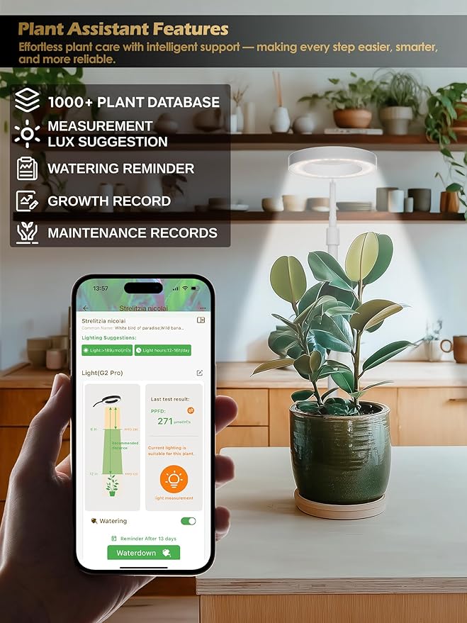 Smart Grow Lights for Indoor Plants, Plant Light with Auto-Timer, Full Spectrum LED Grow Light, Adjustable Height & Stepless Dimming,Plant Assistant Suitable for Most Plants (White, 8W)