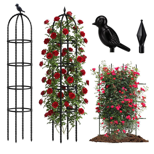 Joyhalo 2 Pack Trellis for Climbing Plants Outdoor, 6.2ft High Adjustable Garden Trellis for Flowers, Black Plastic Coated Steel Plant Stakes Use As Tomato Cage