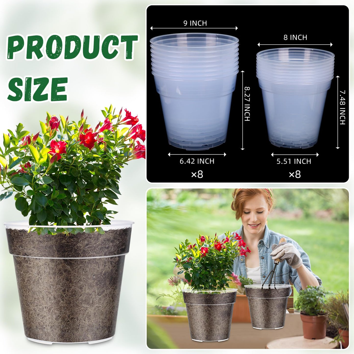 Maxcheck 16 Pcs Clear Nursery Pots with Drainage Holes Pack, Large Transparent Plastic Orchid Pots for Repotting Indoor Plants, Heavy Duty Planter for Monstera, Aroids, Root Observation (8+9 Inch)