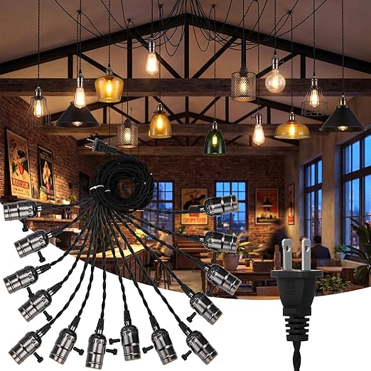 1 Pcs Vintage Pendant Light Sockets Light Cord Kit with Switches DIY Bulb Socket with Cord for E26 E27 Lamp Socket Lantern Bedroom Living Room Decor (1 Plug with 14 Sockets,Black)