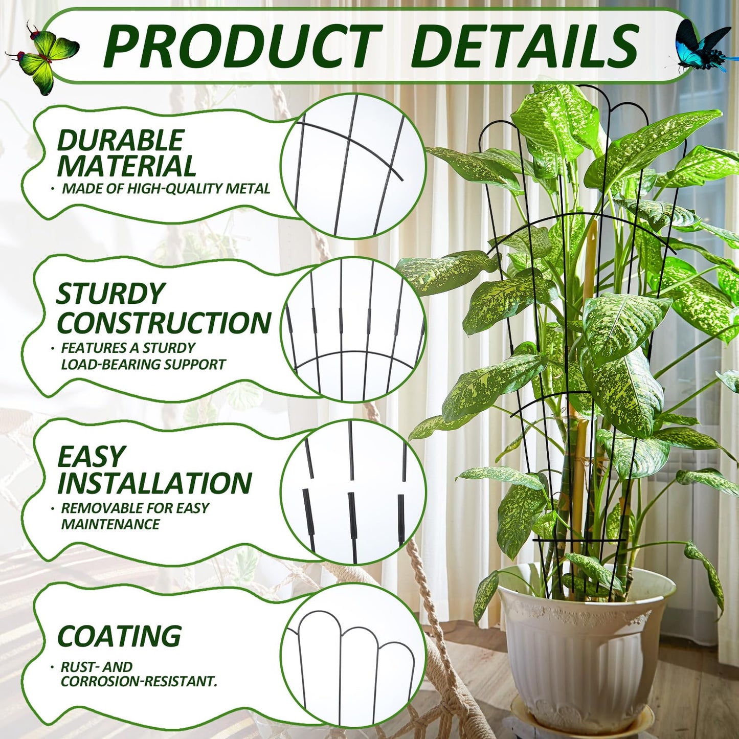 LEIFIDE 2 Pcs 33in Plant Trellis for Climbing Plants Indoor, Expandable Large Metal Trellis for Potted, Heavy-Duty Tall Rustproof Houseplant Support for Flowers Vine Ivy Pothos Hoya Monstera