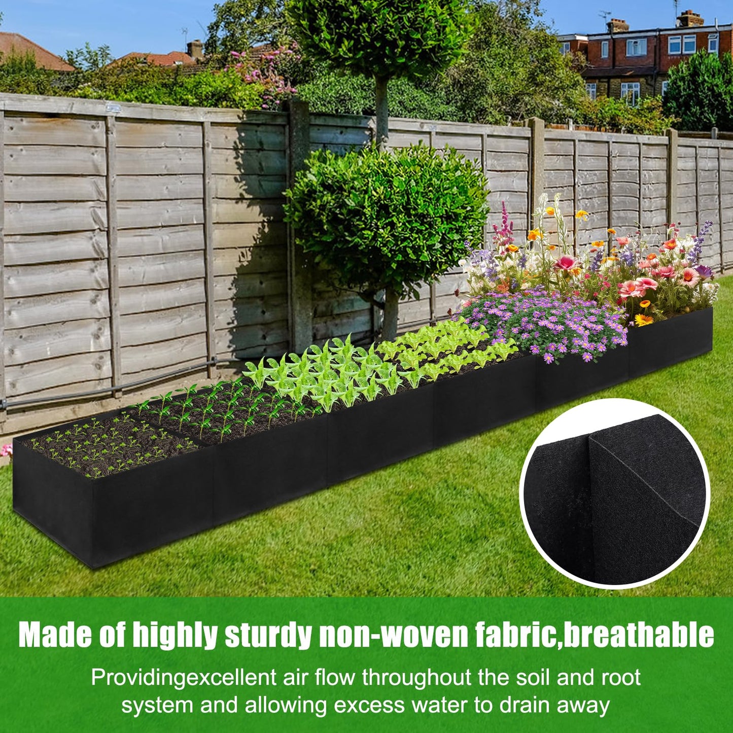 VZZNN 2Pack 12x2x1ft Fabric Raised Garden Bed - 6 Grids Plant Grow Bags, Outdoor Planter Box Non-Woven Fabric Patio Planting Bed Garden Grow Bed Bag for Growing Herbs, Flowers and Vegetables