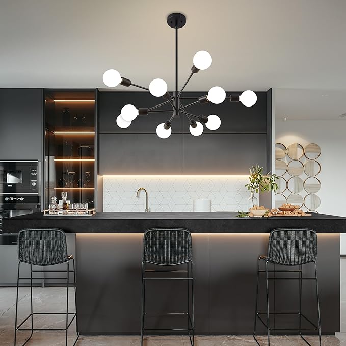 Sputnik Chandelier, Black Modern Chandeliers, Mid Century Ceiling Lighting Fixture for Living Room, Kitchen, Bedroom, Dining Room, Farmhouse (10-Light)