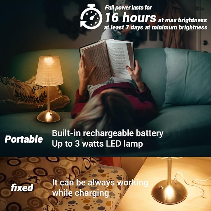 Cordless Table Lamp, 4000mAh Rechargeable Battery Operated Lamp, 3 Way Modes & Stepless Dimmable LED Touch Lamp, Portable Retro Metal Beside Lamps for Desk Bedroom Restaurant(Silver Nickel)