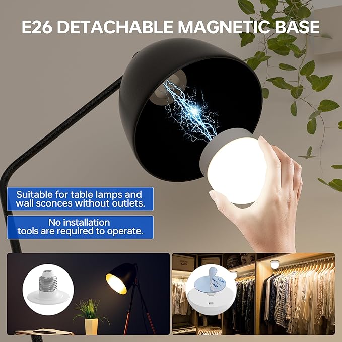 Rechargeable Battery Operated Light Bulb: E26 Wireless LED Night Light with Remote Control and Timer for Lamp, 3000mAh Dimmable Magnetic Puck Lights, 3 Color Temperatures+12 RGB Colors, Outdoor, 4pcs