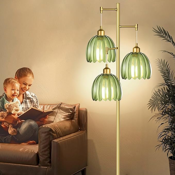 Gold Floor Lamp for Living Room Bedroom,Modern Tree Floor Lamps with Green Glass Shades,68IN Tall Standing Lamp with Bulbs,3 Lights Mid Century Vintage Floor Lamp for Corner Office Reading