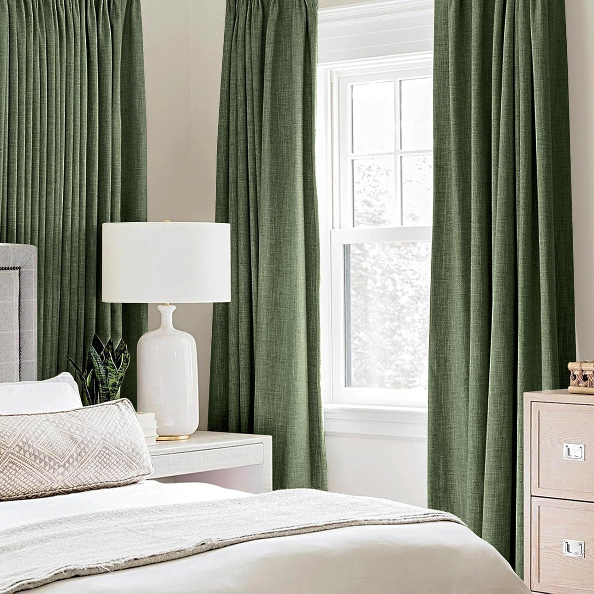 MIULEE Blackout Linen Textured Curtains - Thermal Insulated Olive Green Drapes | 42 x 63 Inch (2 Panels)