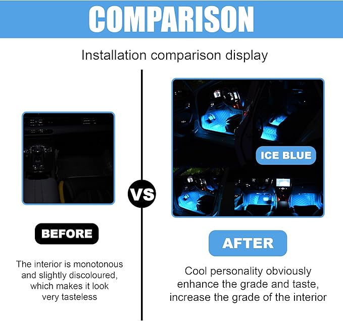 Car LED Strip Light, 24 LED RGB Neon Auto Interior Atmosphere Lights, 12V USB Port Under Dash Ambient Night Light, Universal Decorative Lamp Accessory for Car Truck (Ice Blue, USB)