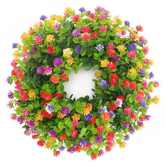 CEWOR 8in Spring Wreaths for Front Door Artificial Flower Wreath with Plastic Green Eucalyptus Leaves for Farmhouse Home Outdoor Decor