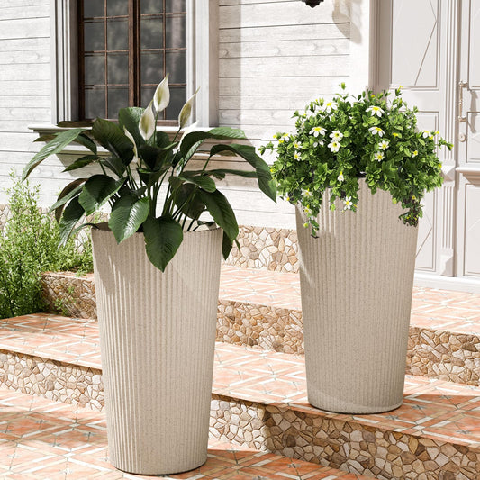 Trygoal 23.6" H Tall Planters for Outdoor Plants, 2 Pack Large Outdoor Planters for Front Porch Decor with Drainage Hole, Plastic Striped Flower Pots Fits Indoor Plants Patio Garden, Black
