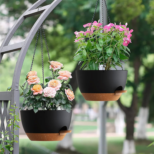 UOUZ Set of 3-10 Inch Self Watering Hanging Planters for Indoor Outdoor，Hanging Plant Pots with Drainage & Removable Tray, Hanging Pots Holder for Ivy, Pothos, Ferns, Balcony & Patio, Black with Brown