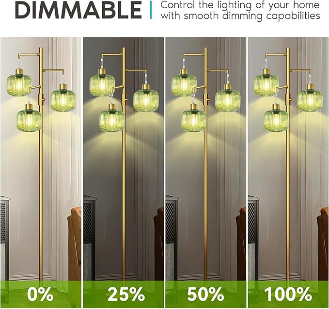Floor Lamp for Living Room, Dimmable Standing Lamp with Green Glass Shade, Modern Gold Tall Lamps for Bedroom, 3×600LM LED Bulbs Included