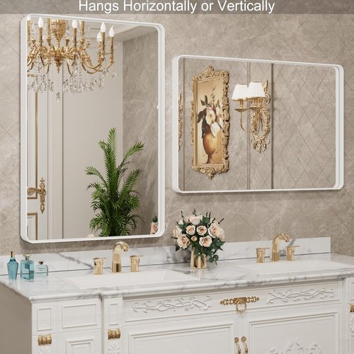 LOAAO White Metal Framed Bathroom Mirror - Large 40x32 Inch Rounded Rectangle, Anti-Rust Tempered Glass, Versatile Hanging Options