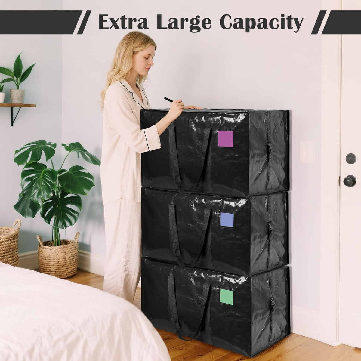 Skiennix 6 Pack Moving Bags - Extra Large 93L Waterproof Storage Totes for Home & College | Black